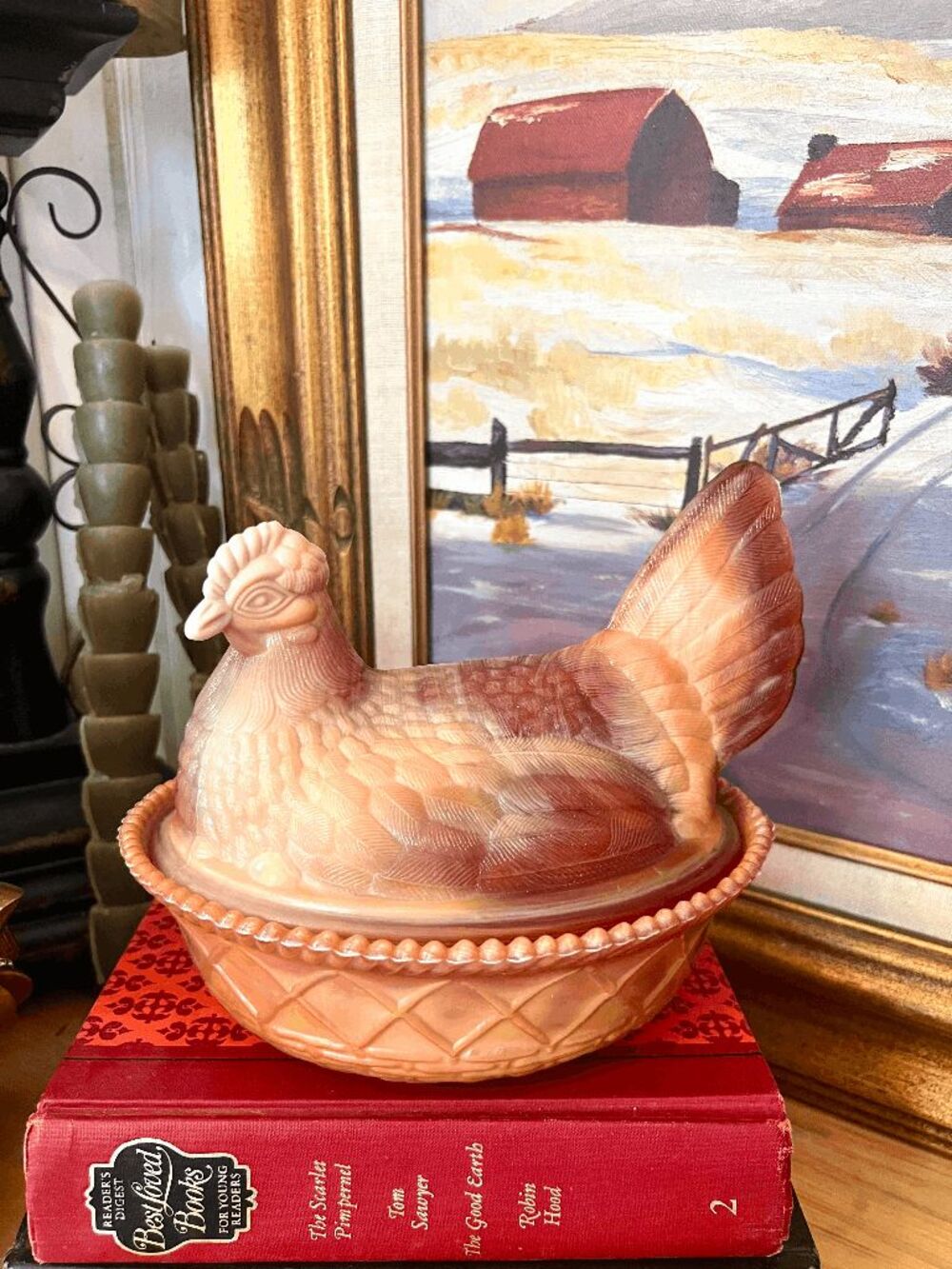 Mosser Glass Crown Tuscan Carnival Hen on Nest Pink Iridescent Covered Dish USA